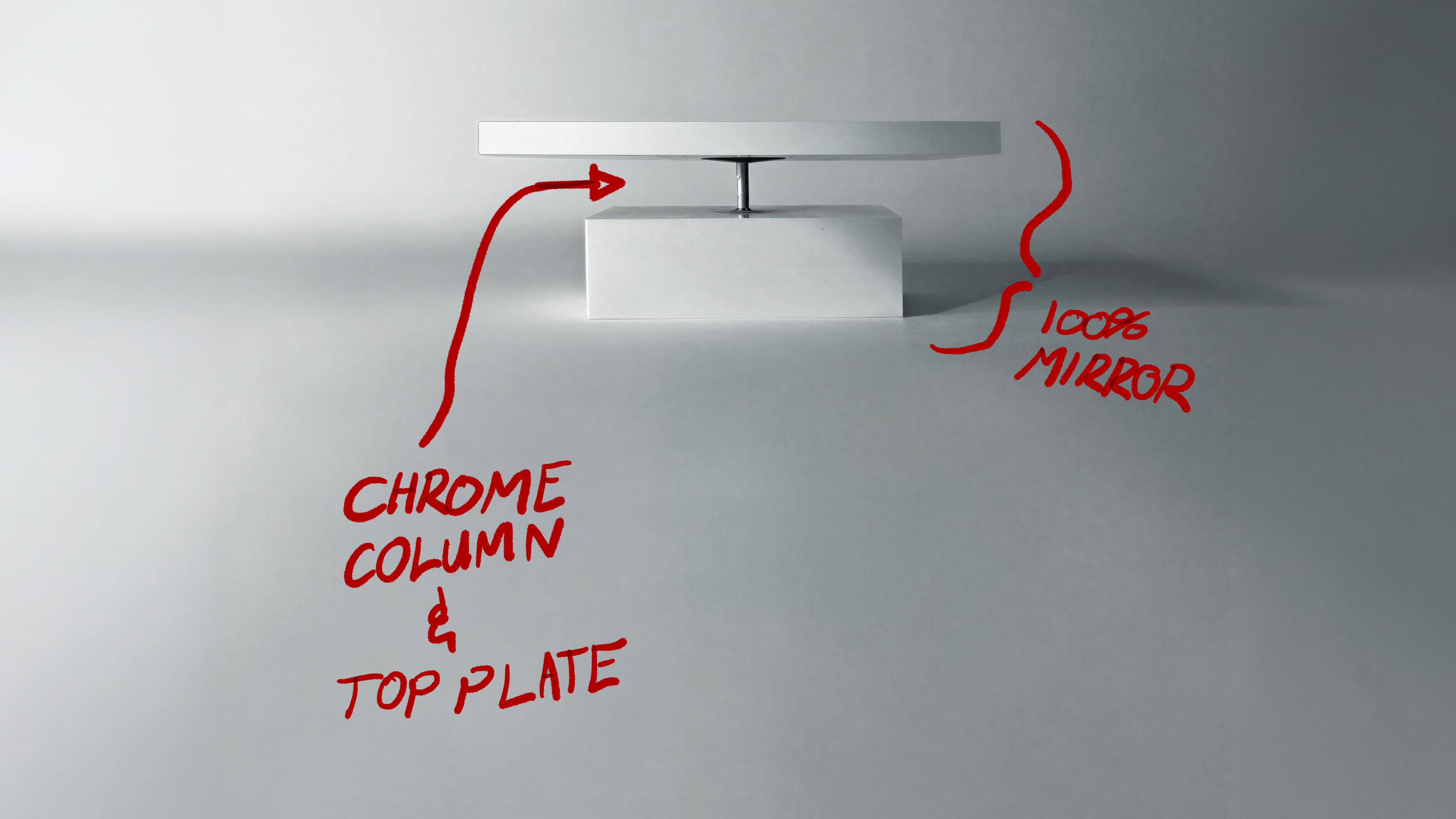 Annotated material study showing chrome column, top plate, and looking glass surfaces