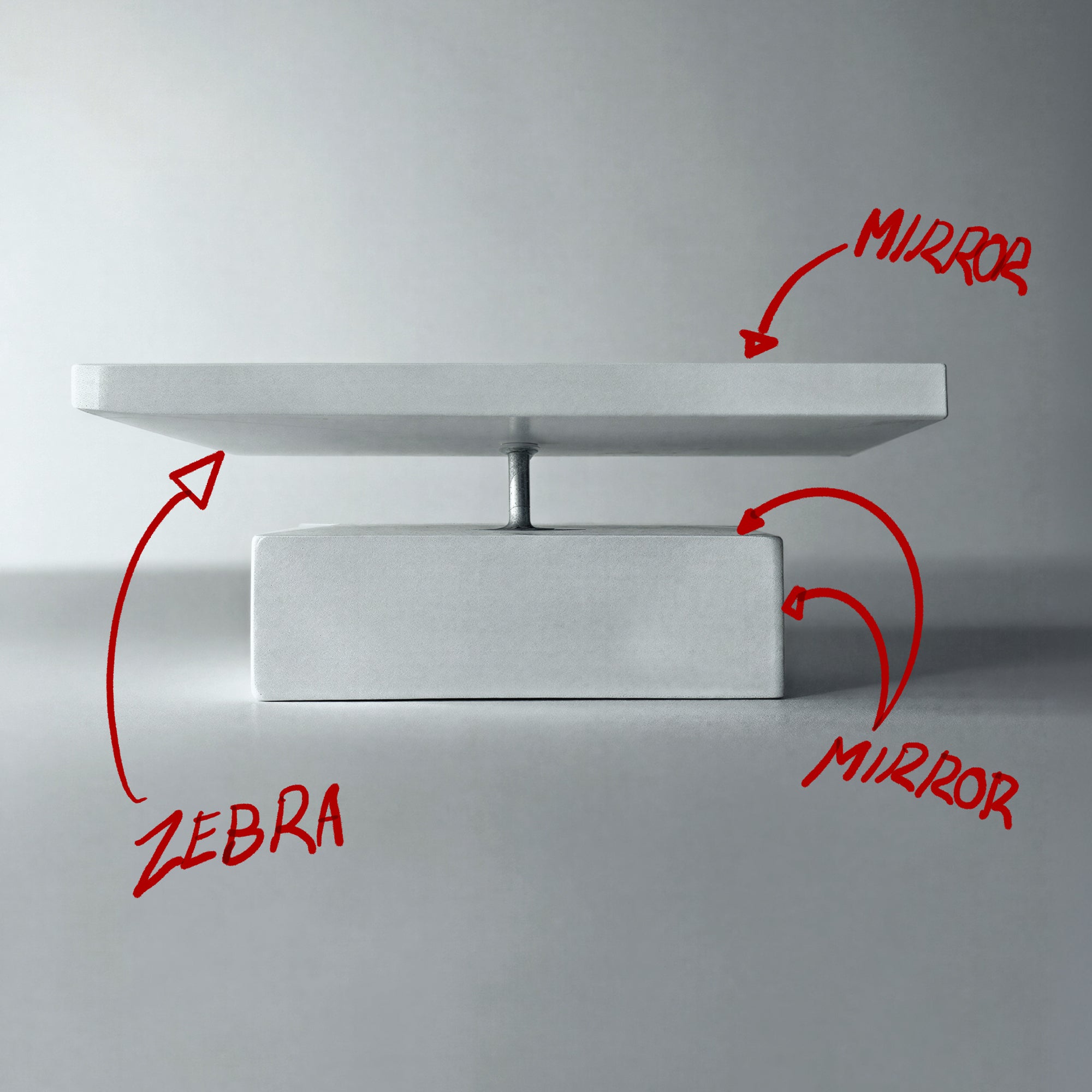 Annotated side view showing mirror and zebra material references